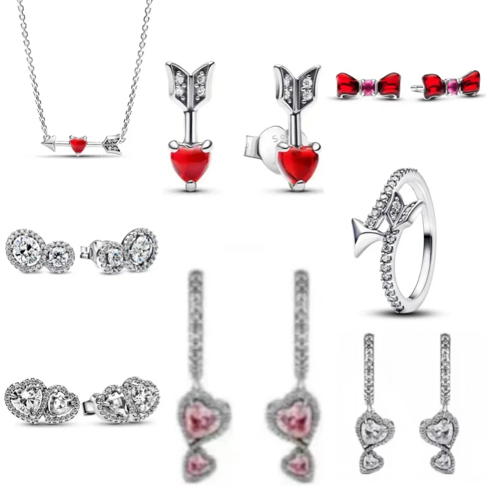 New 925 Silver bow Heart-shaped Ring Necklace, Suitable for Valentine's Day, Holiday Gifts for Women, DIY High-end, Fashion Jewelry