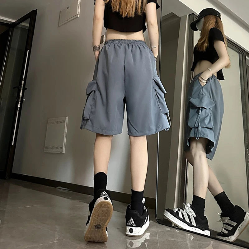 Women High Waist Cargo Shorts, American Style Streetwear, Summer Wide Leg Pants, Fashion Female Big Pocket Loose Shorts New, ZOKI