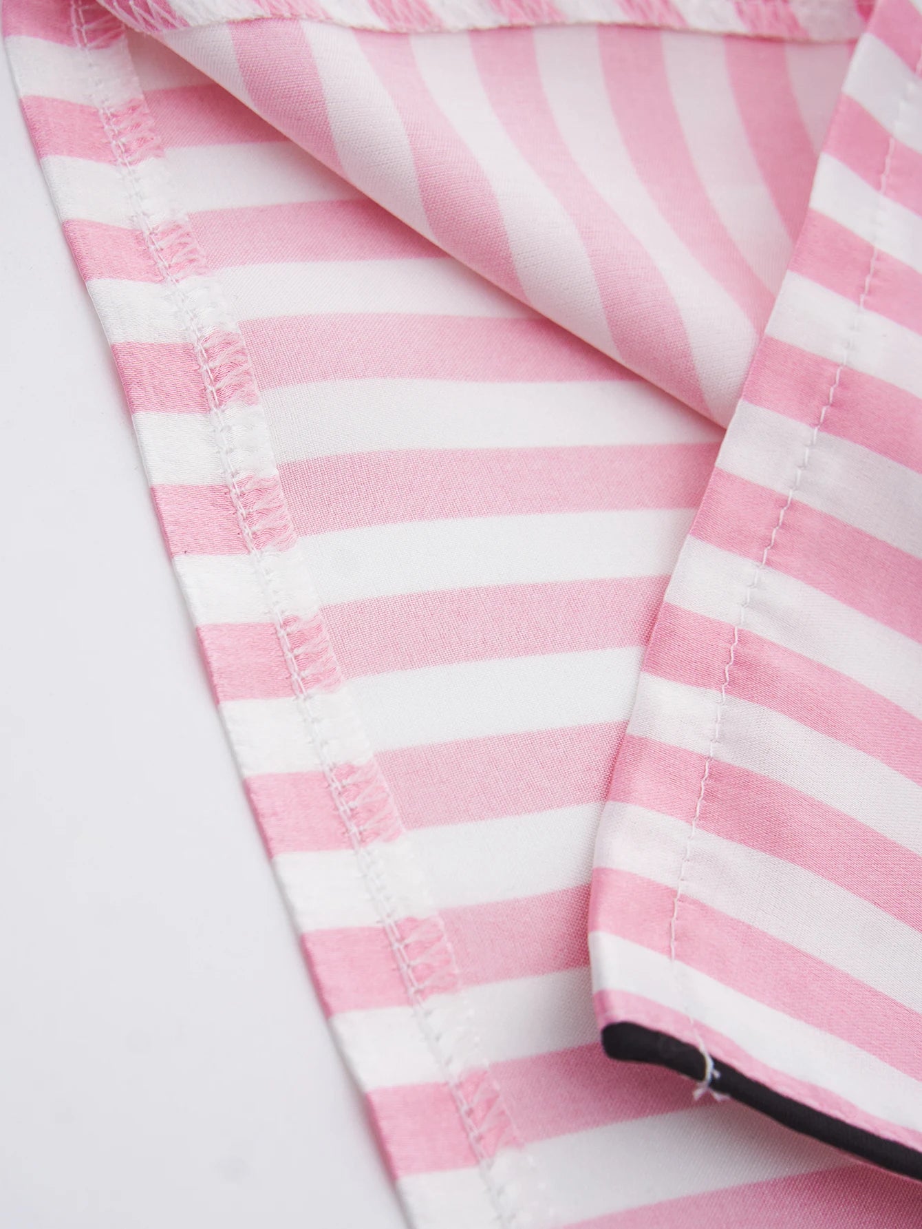 Classic Striped Print And Pocket Letter Short-Sleeve Long Pants Pajama Set, Satin Sleepwear with Lapel Collar and Button Detail