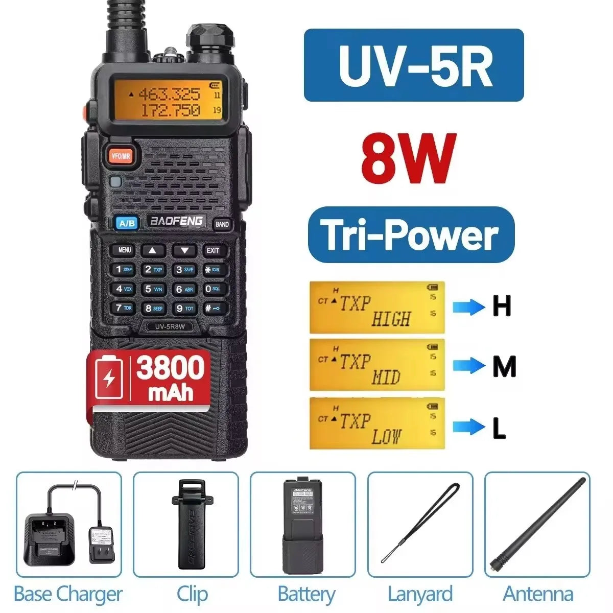 Walkie Talkie, UV 5R 5W 8W Dual Band Ham Two Way Radio, Vhf Uhf FM Radio, Handheld Transceiver, Hunting 16KM, BAOFENG