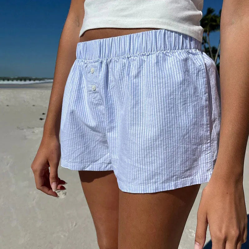 Striped Print Casual Shorts for Women, Elastic Waist Fashion Button Bottoms Streetwear, Chic Basic Y2K Loose Shorts