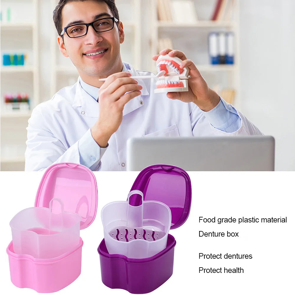 Denture Bath Box, Organizer, Dental False Teeth Storage Box with Hanging Net Container Cleaning Teeth Cases, Artificial Tooth Boxes