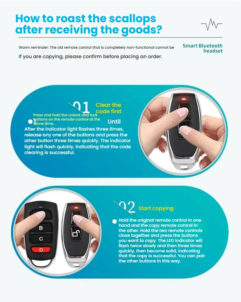 Wireless 433/315MHz RF Remote Control Copy Code 2 Buttons for Garage Door Gate Opener, Home Automation, Car Alarm