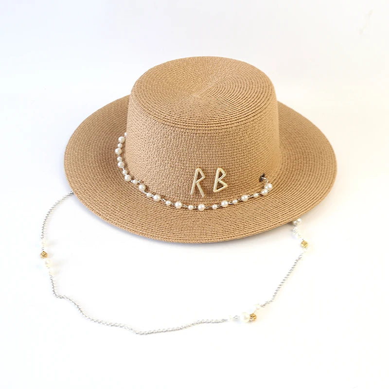 New Women Summer Hats, Straw Sun Hat, Panama Elegant Straw Fedoras Lady Girl Outdoor Vacation with Pearl Chain Sunshade Beach Hat
