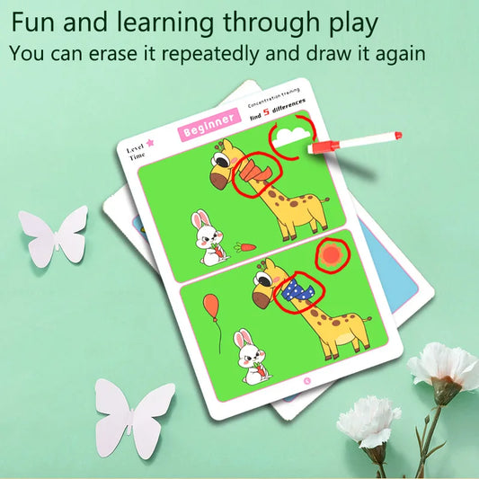 Encuentra las diferencias, imágenes de juego de entrenamiento de concentración divertidas, artículos educativos, encuentra lugares diferentes, imágenes borrables y reutilizables