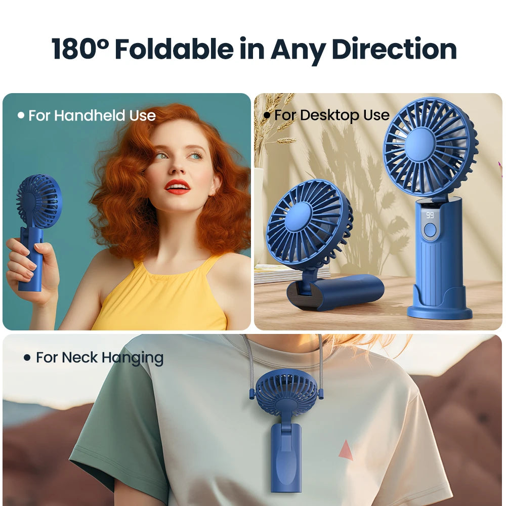 TOPK 5000mAh Mini Portable Fan USB Rechargeable Hand Held Fan,Small Pocket Fan 3 Speeds with Lanyard &Base, USB Desk Fan Foldable