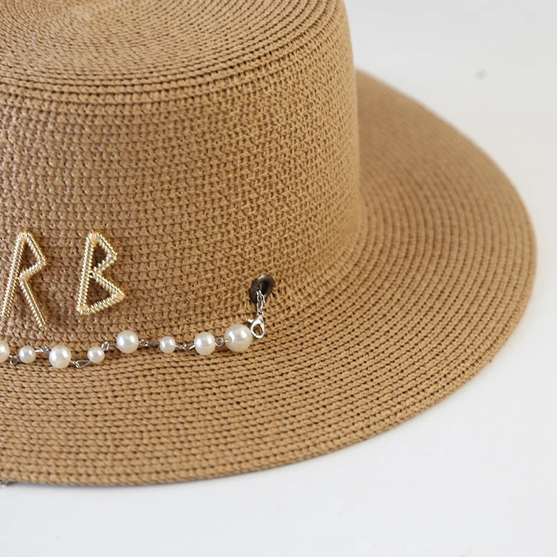 New Women Summer Hats, Straw Sun Hat, Panama Elegant Straw Fedoras Lady Girl Outdoor Vacation with Pearl Chain Sunshade Beach Hat