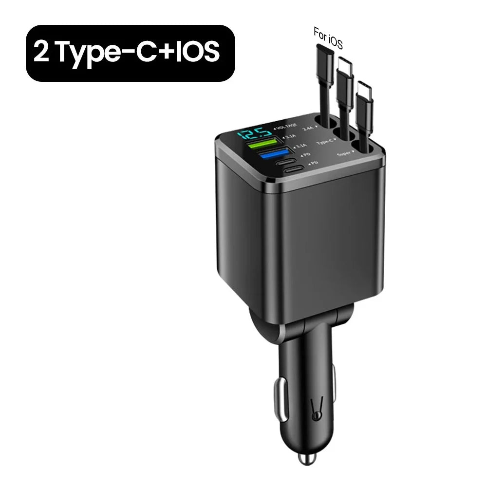 KEBIDUMEI 180W Car Charger PD30W USB 3.1A Phone Charger Digital Display Fast Charging Retractable Cable Adapter Car Accessories