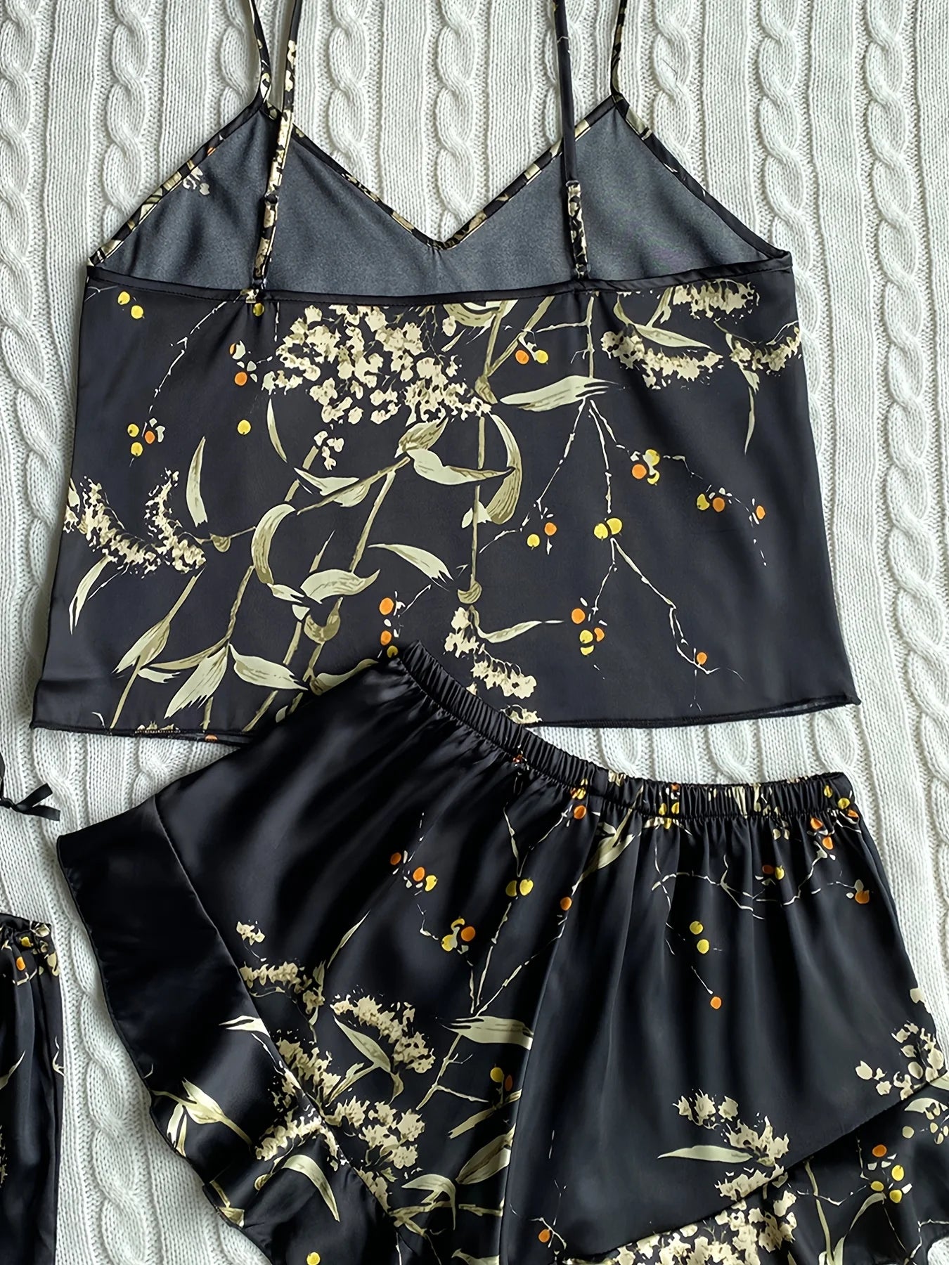 Elegant Floral Print Cami Tops Ruffle Hem Shorts Pajama Set, Women's Sleepwear, Loungewear