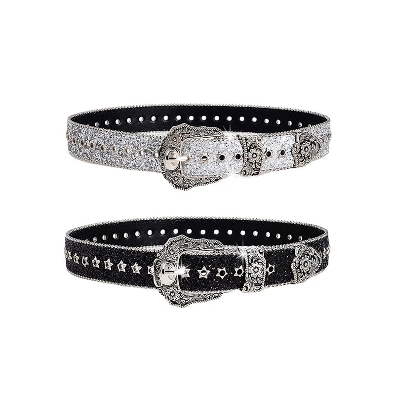 Personality Gothic Rhinestone Belts For Women Girl, Fashion PU Leather Belts, Western Cowboy Y2K Retro Jeans Skirt Decor Waistband