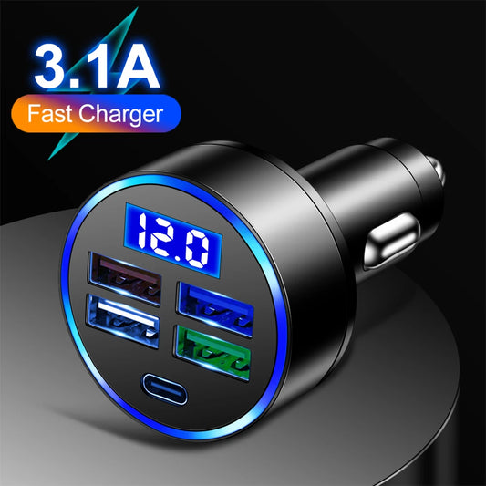 Cargador de coche de 15,5 W y 4 USB, cargador de coche digital Tipo C de 5 V y 3,1 A con detección de voltaje, adaptador de corriente multipuerto para coche