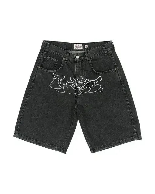 American Retro Denim Shorts, Y2K Jeans Harajuku Hip Hop Cartoon Embroidery Retro Baggy Shorts, Low Waist Sports Basketball Shorts