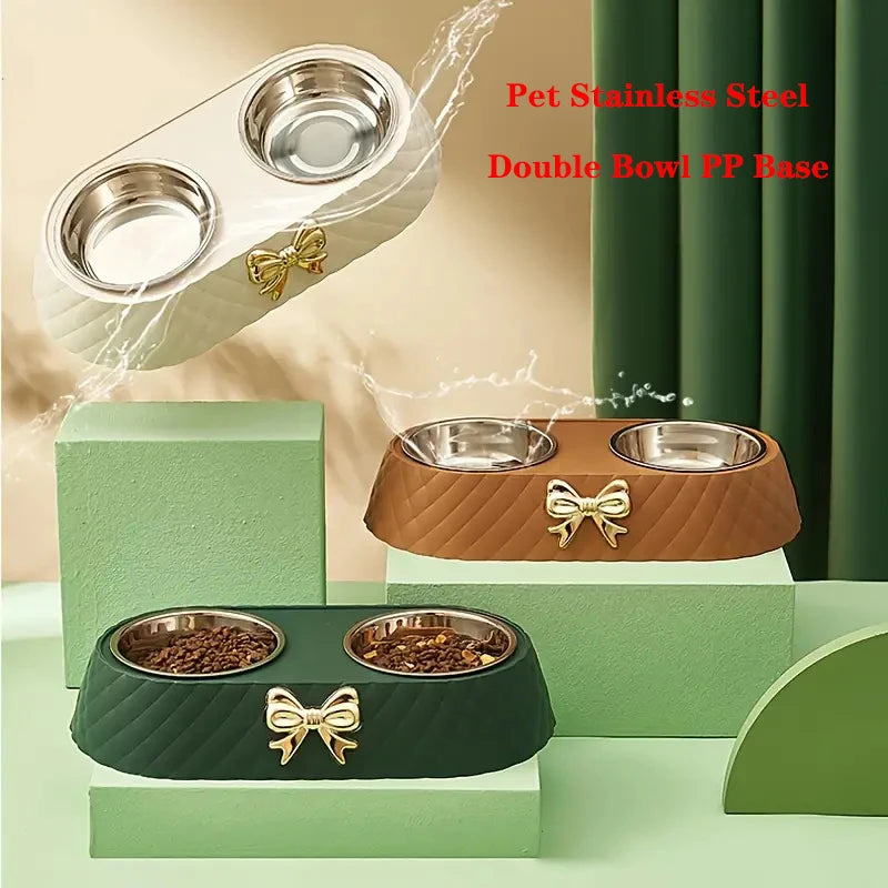 Pet Supplies, Bow-tie Bowknot Cats Food Bowl, PP Base Dog Bowl, Stainless Steel Double Pet Accessories, Feeding Drinking Double Bowl