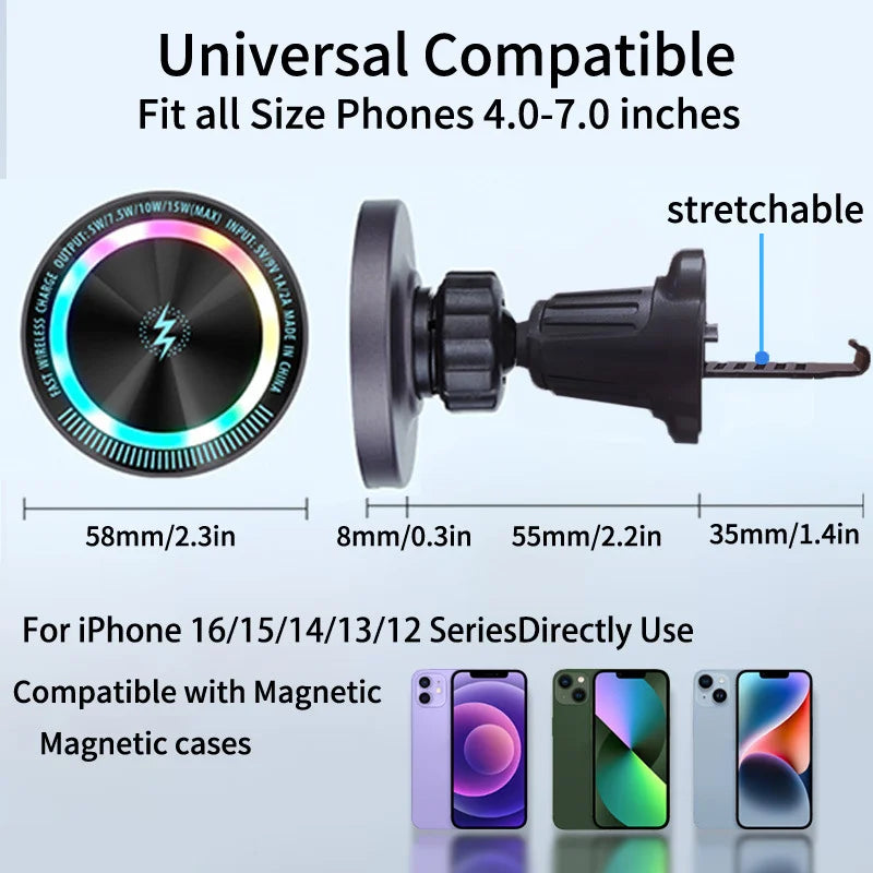 Magnetic Car Phone Holder, 15W wireless charge Vent Magsafe Ring Car MountFit for iPhone 14 13 12 Pro Plus, Mini MagSafe Case