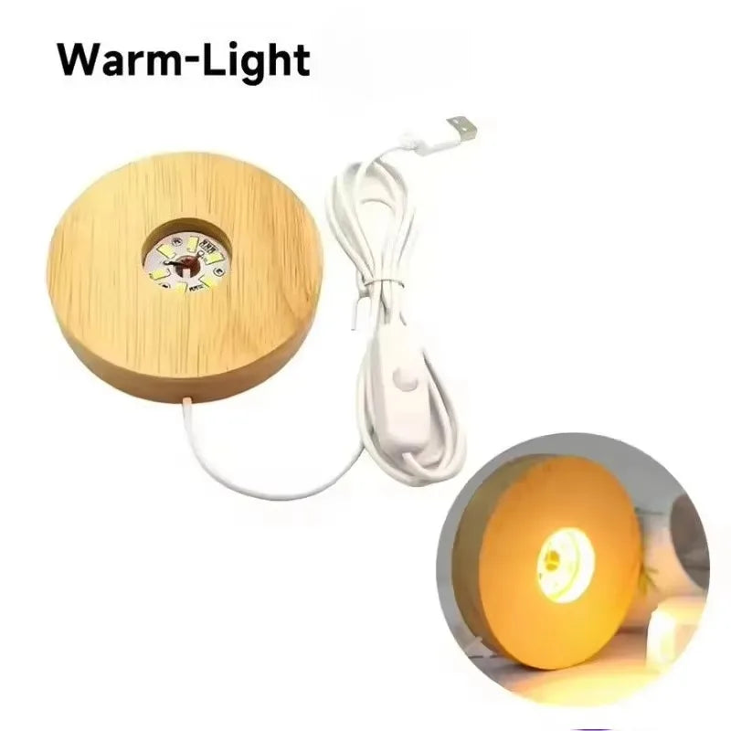Battery Operated 8/10cm Round Wooden LED Light Dispaly Base Stand, Night Lamp Base, Crystal Glass Resin Art Ornaments