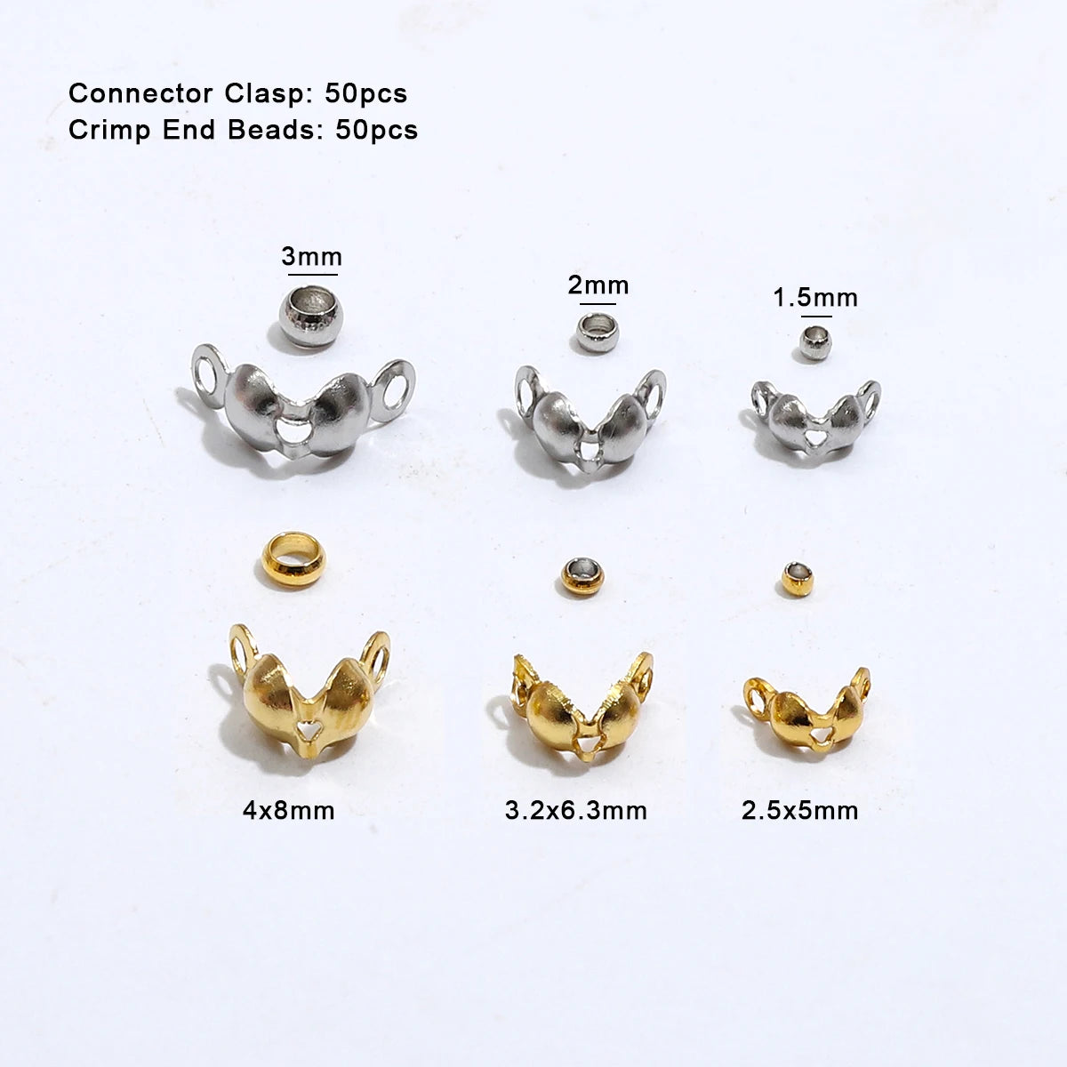 100Pcs/lot, Stainless Steel Gold Plated Connector Clasp Crimp End Beads For Bracelet Necklace Chains, DIY Jewelry Making Supplies