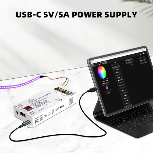 DOMRAEM ESP32 USB-C WLED Digital LED controller RGB IC DIY APP 16A fuse Works with HA/MQTT/Alexa WS2811/12/12B/14/05 Sk6812 Strip