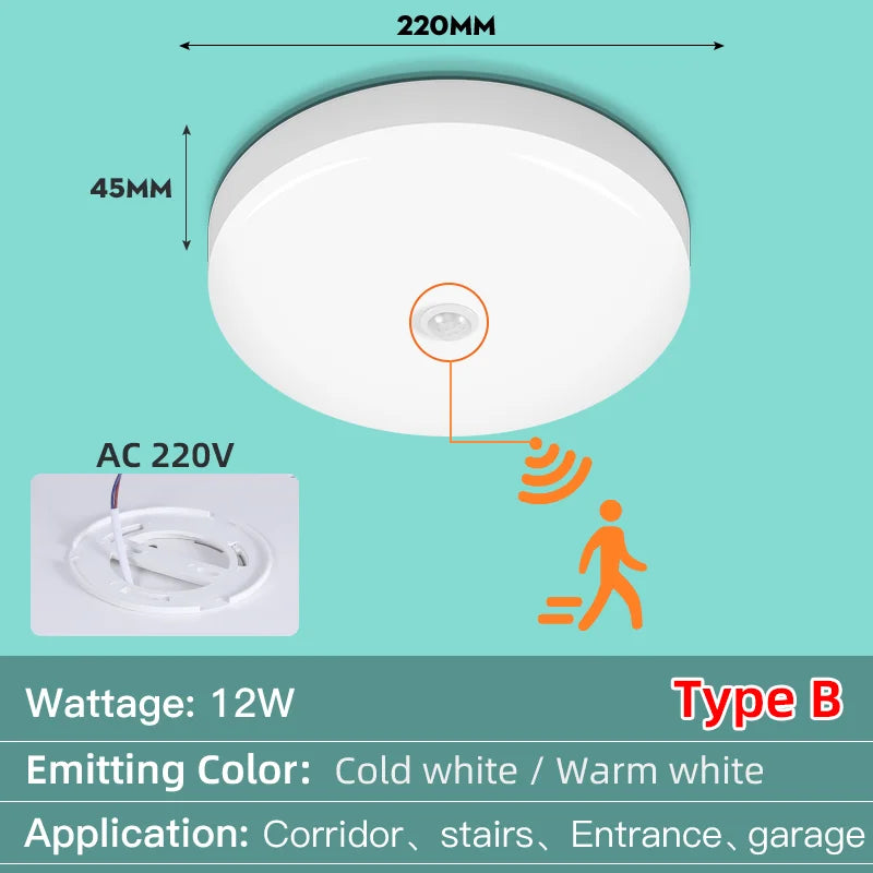 Led Ceiling Lamp With Motion Sensor, 40W 30W 20W 18W 15W 12W, Led Ceiling Light Fixtures For Entrance Balcony Corridor 110V 220V