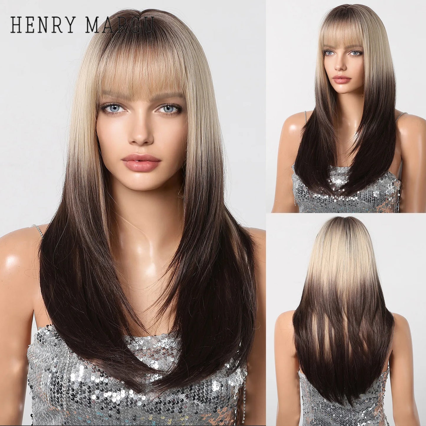 White Long Straight Synthetic Wigs for Women, Colorful Cosplay Party Fake Hair with Bangs, White Wig, HighTemperature Fiber, HENRY MARGU