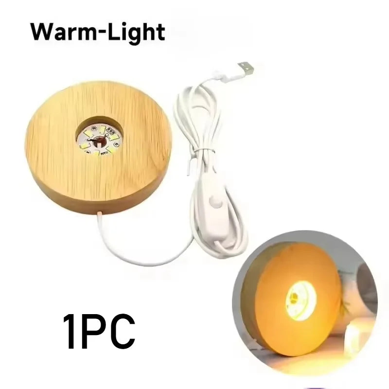 Battery Operated 8/10cm Round Wooden LED Light Dispaly Base Stand, Night Lamp Base, Crystal Glass Resin Art Ornaments
