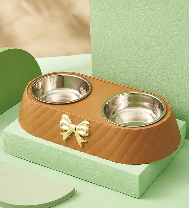 Pet Supplies, Bow-tie Bowknot Cats Food Bowl, PP Base Dog Bowl, Stainless Steel Double Pet Accessories, Feeding Drinking Double Bowl