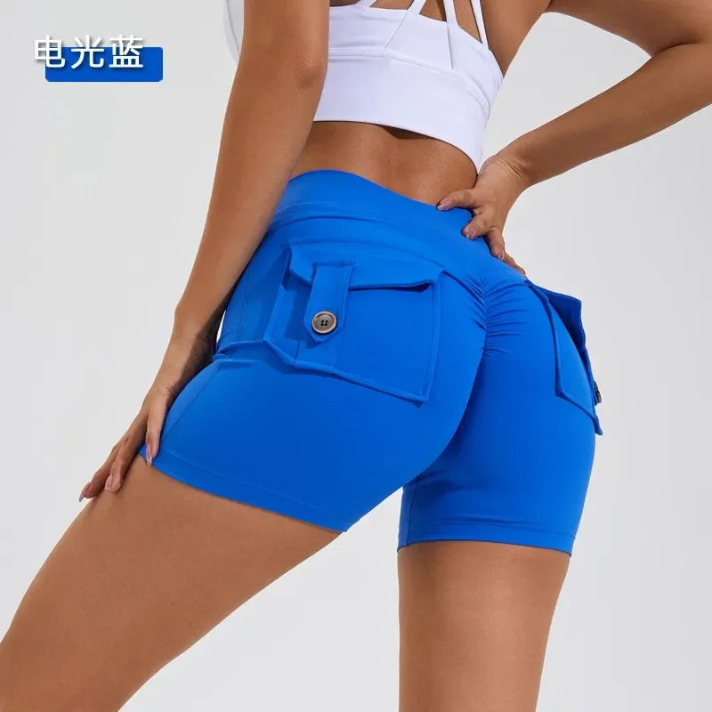 Summer Peach Butt Fitness Exercise Shorts, Three-Quarter Pants, Cargo Air Dry Pocket Yoga Tight Pants, Lift the hips Women's Shorts