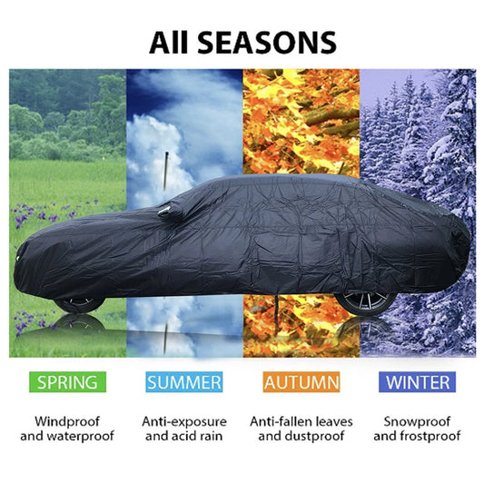 Fundas universales para coches SUV/Sedán, impermeables, protección contra el sol, la lluvia y la nieve, diseño con cremallera, funda negra para coche S-XXL