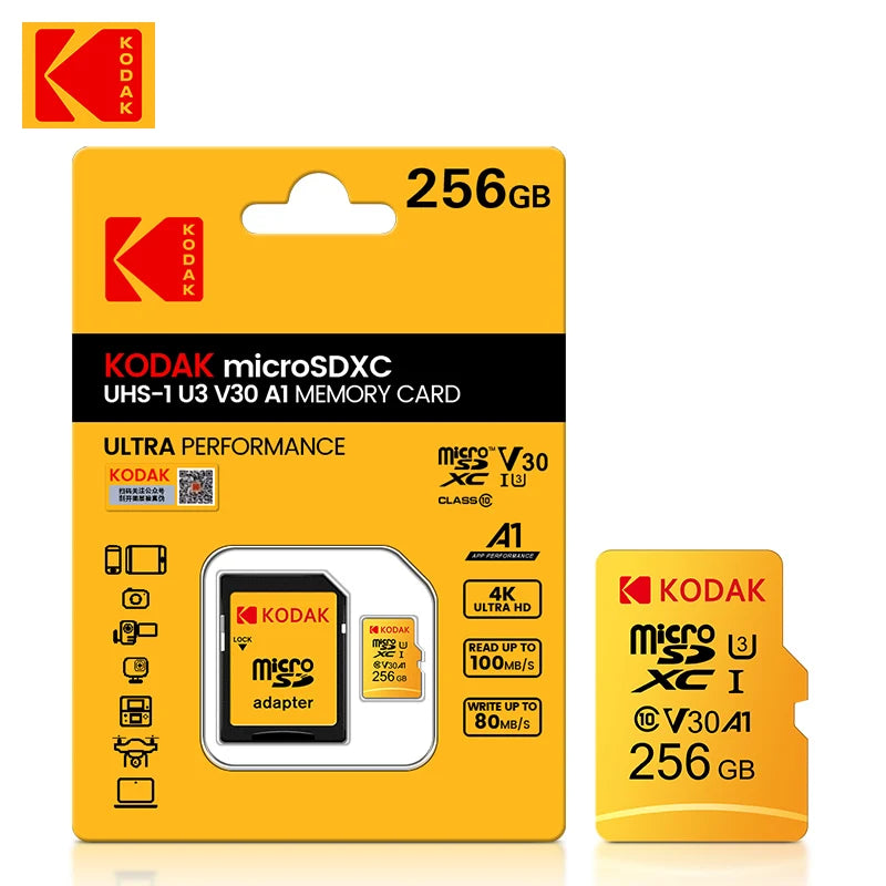 Original Kodak U3 A1 V30 MicroSD 128GB 32GB 64GB 256GB Class 10 Cards 32 64 128 256 GB Video Phone Memory Card