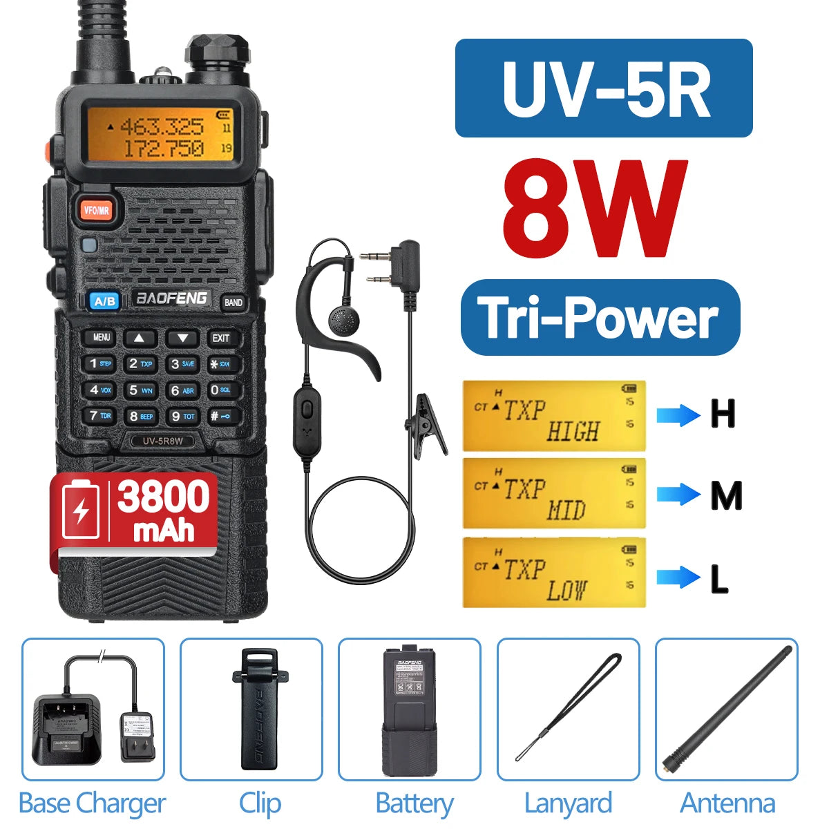 Walkie Talkie, UV 5R 5W 8W Dual Band Ham Two Way Radio, Vhf Uhf FM Radio, Handheld Transceiver, Hunting 16KM, BAOFENG