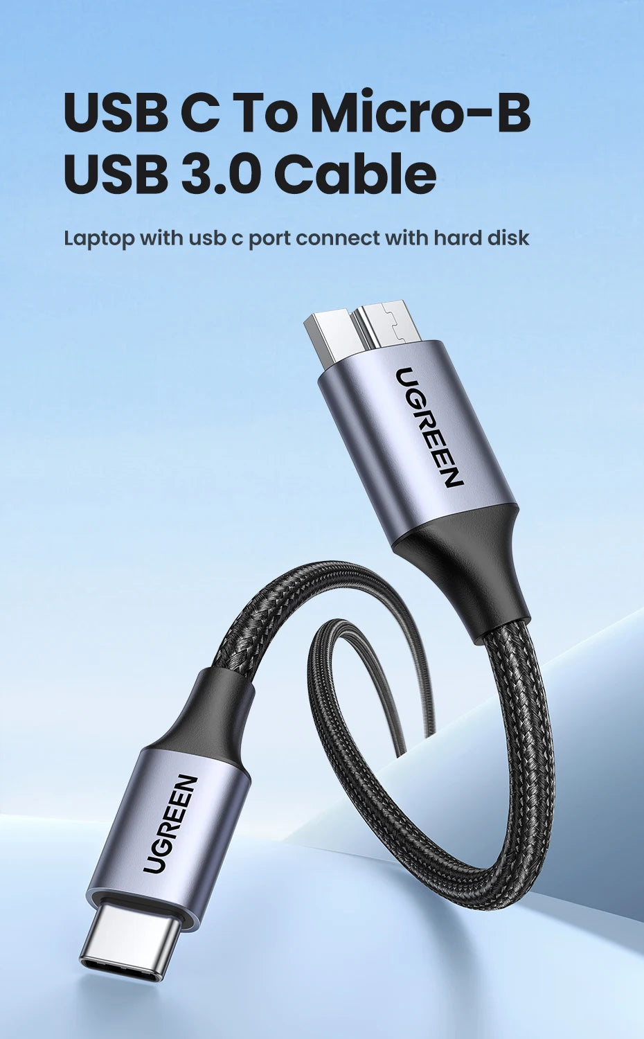 USB C to Micro B 3.0 Cable, 5Gbps 3A, Fast Data Sync Cord For Macbook Hard Drive Disk HDD, SSD Case USB Type C Micro B Cable ,UGREEN