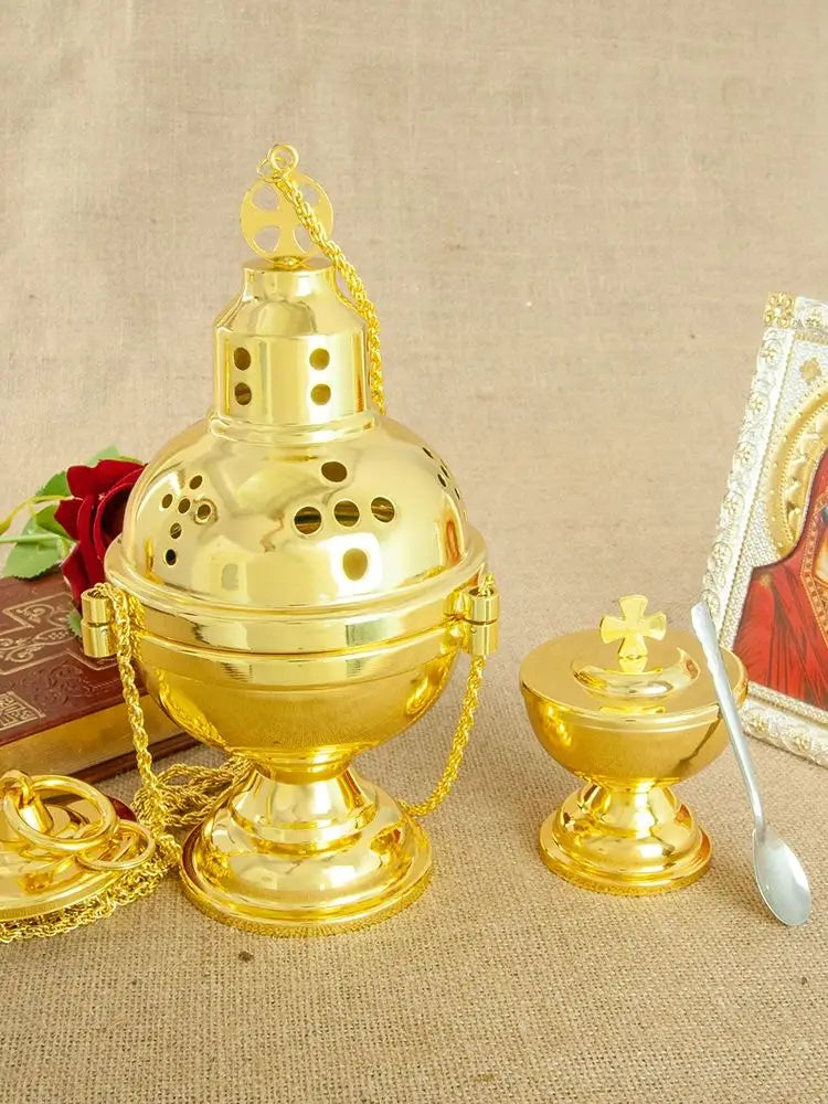 Church Supplier, High Polished Gold Plated Hanging Incense Burner, Orthodox Censer, Church Home Decoration Catholic Chalice, HTISOK