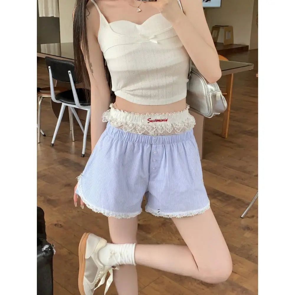 Sexy Cute Summer Striped Shorts, Blue Pink Elastic Waist Shorts, Button Embroidered Lace Shorts, Leggings for Women Girl