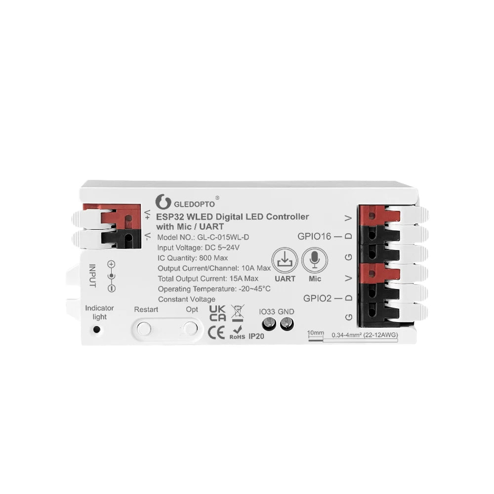 WLED LED Controller, ESP32, Mic Music UART RGB IC Digital Lights Addressable String Lighting, GLEDOPTO