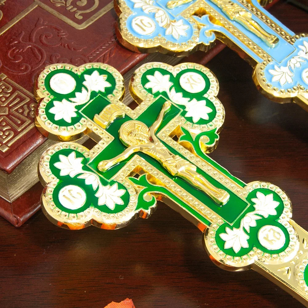 Orthodox Blessing Handheld Church Cross Gold Plated Colorful Enamel Jesus icon, Cross INRI Crucifix Single Face Jesus, HTISOK