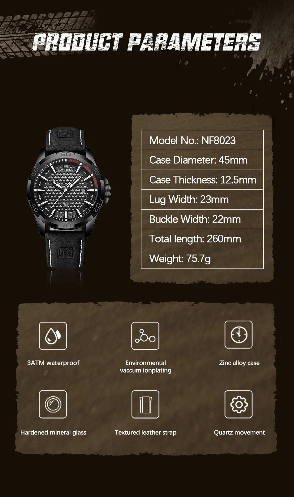 Men Fashion Quartz Watches, Male Leather Strap Sport Waterproof Wristwatches, Calendar Clock, Relogio Masculino, NAVIFORCE