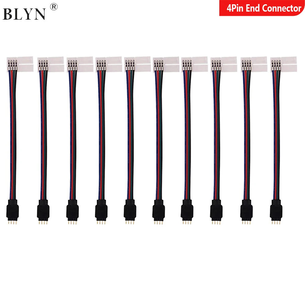 5050 LED RGB Strip Light Connector, 4 Pin Conductor, 10mm Strip to Controller Jumper Solderless Clip On Pigtail Power Adapter