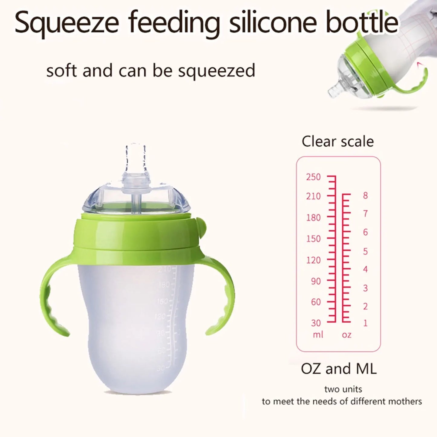 New 0-36 months baby nano-silicone bottle, 240ml 150ml Baby Bottle with handle Breastmilk-like design Soft milk pulling