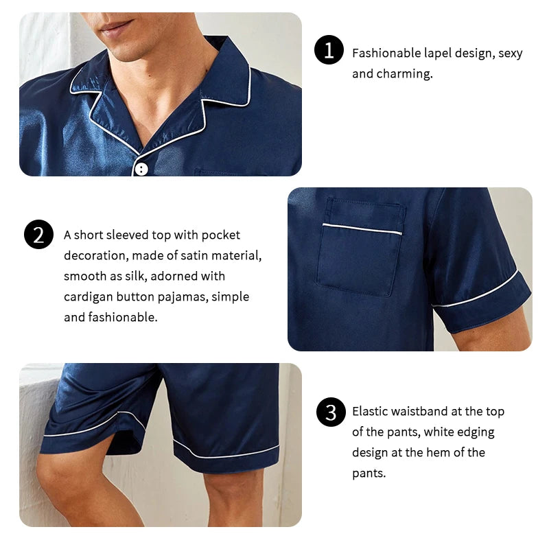 Men Satin Short Sleeve Pajama Set, Summer Sleepwear for Man, Button-Down Shirt & Elastic Waist Shorts, Pajamas Home Clothes, 2Piece