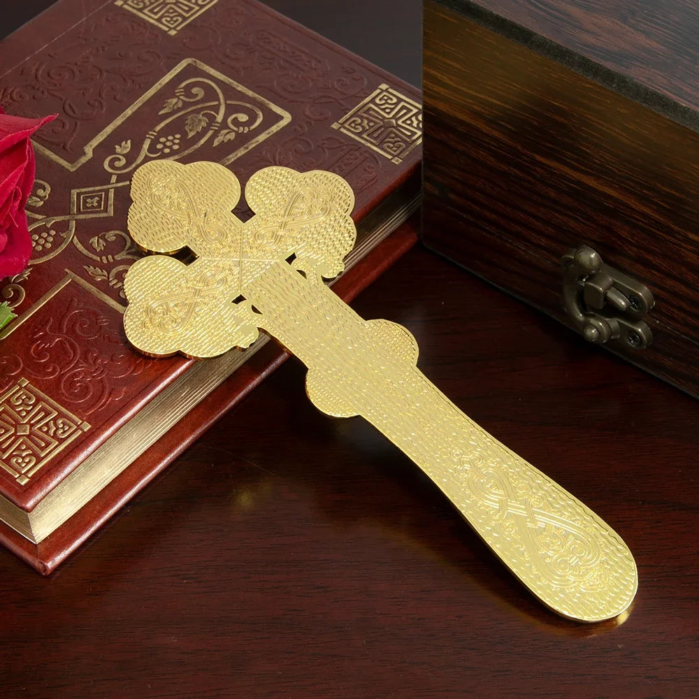 Orthodox Blessing Handheld Church Cross Gold Plated Colorful Enamel Jesus icon, Cross INRI Crucifix Single Face Jesus, HTISOK