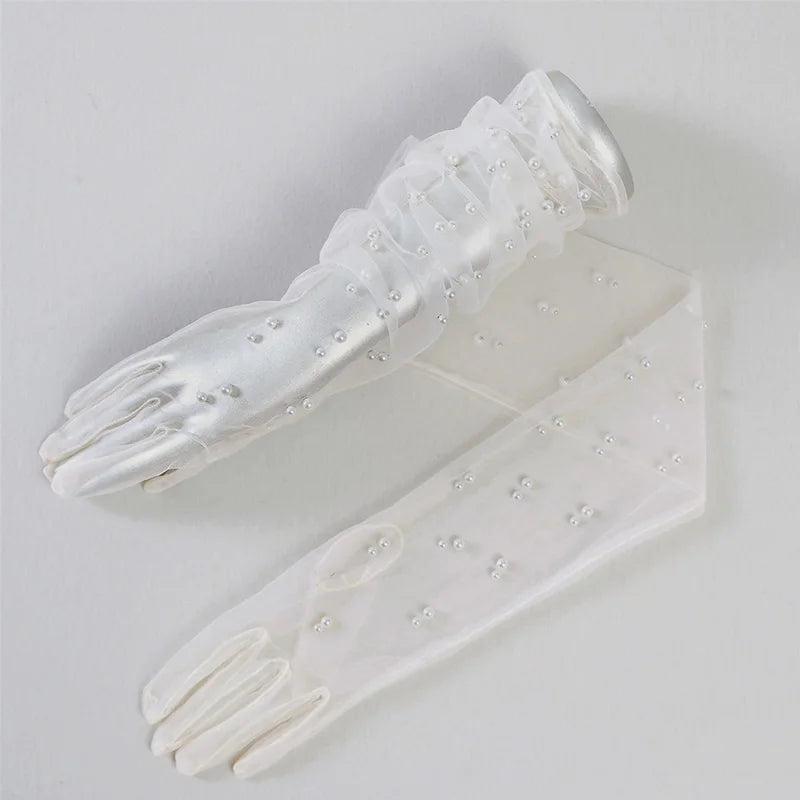 55 cm Transparent Wedding Gloves Pearls Long Elbow Mittens Mesh Arm Covers Women Party Bridal Dress Accessories Photo Props