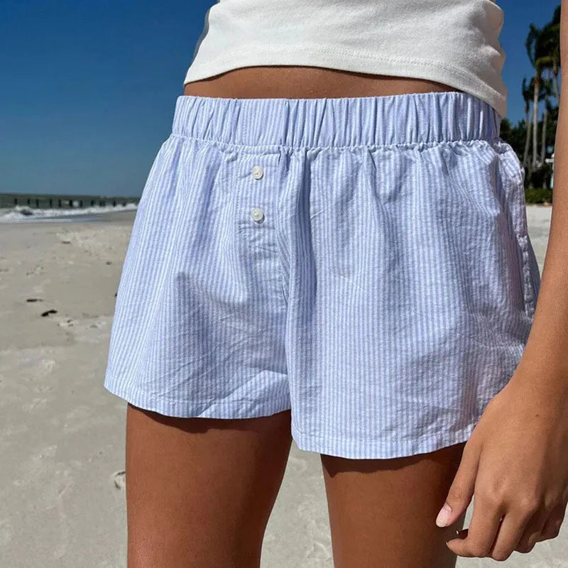 Striped Print Casual Shorts for Women, Elastic Waist Fashion Button Bottoms Streetwear, Chic Basic Y2K Loose Shorts