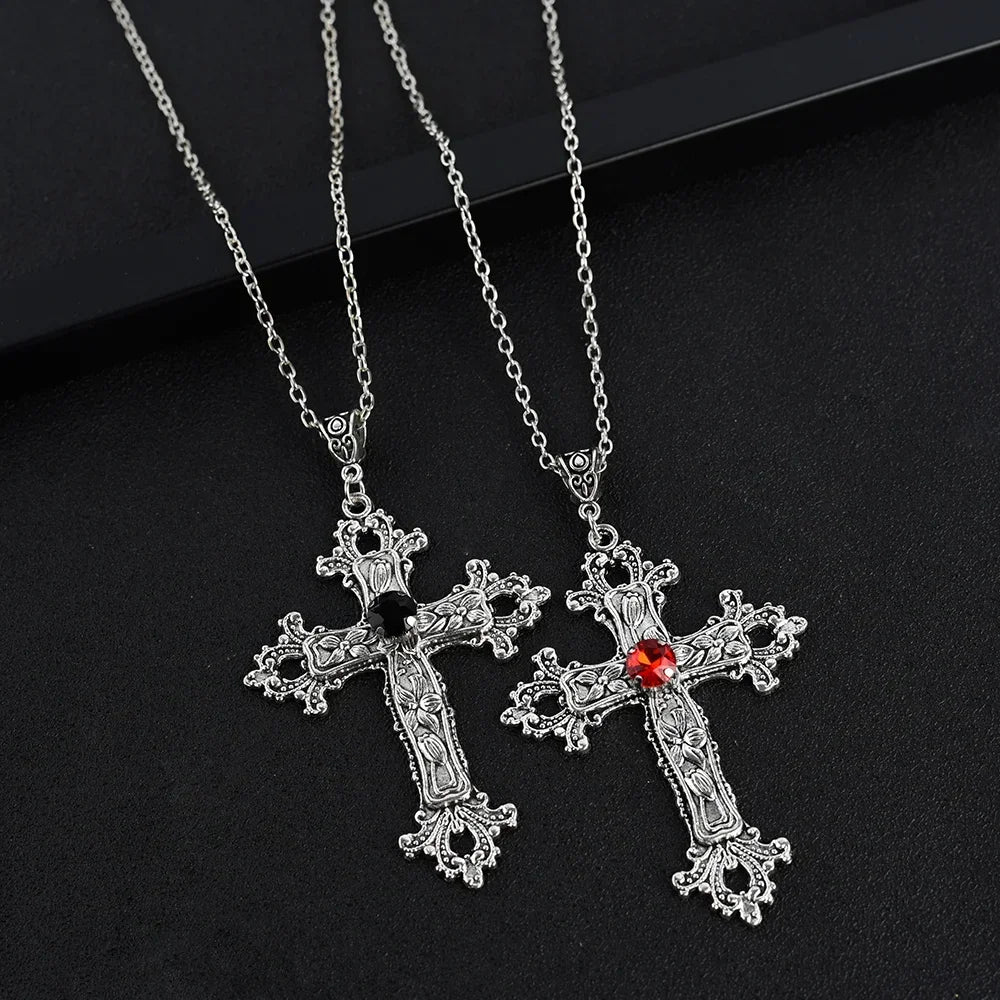 Y2K Punk Crystal Big Cross Pendant Necklaces for Women Men, Gothic Irregular Cross Clavicle Chain Necklaces, Aesthetic Jewelry