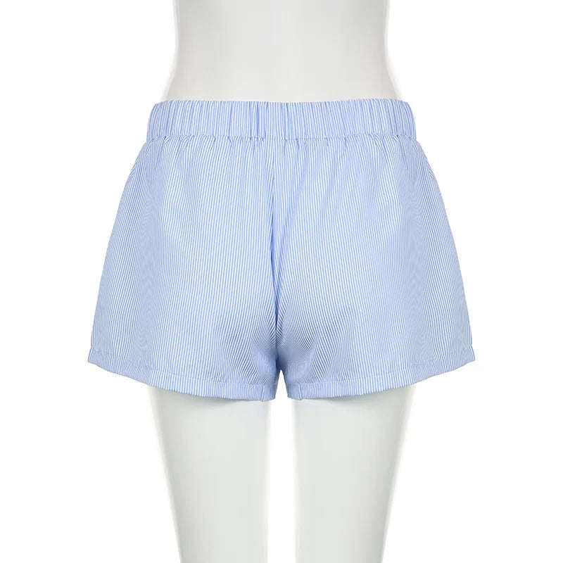 Striped Print Casual Shorts for Women, Elastic Waist Fashion Button Bottoms Streetwear, Chic Basic Y2K Loose Shorts