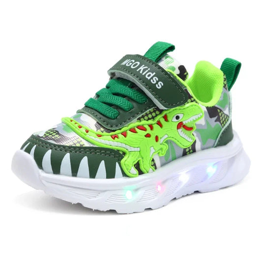 Zapatillas deportivas de primavera para niños, de dibujos animados, con dinosaurios, con luces LED, suela blanda, zapatillas informales para niños de 2 a 6 años