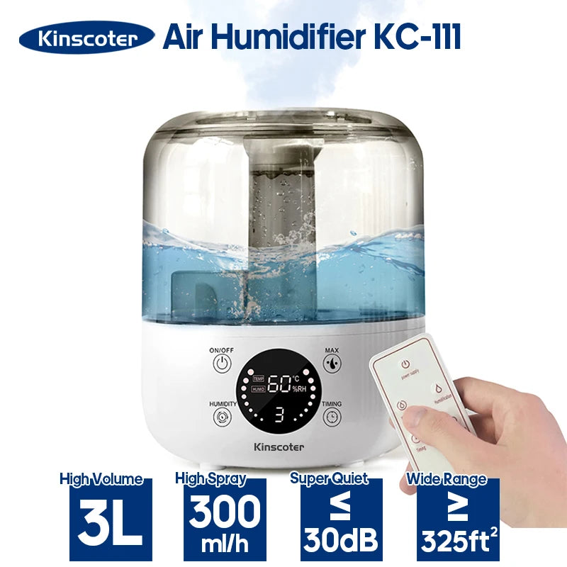 3Liter Air Humidifier Professional Large Capacity Home Humidifier, Plant Mist Aroma Diffuser with Remote Control Timer, KINSCOTER