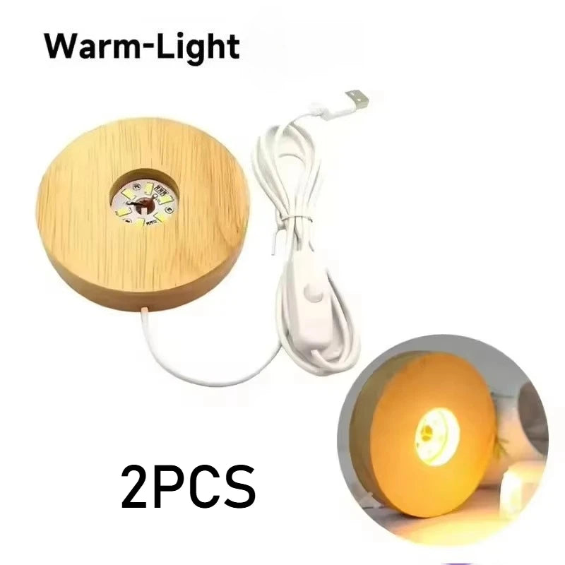 Battery Operated 8/10cm Round Wooden LED Light Dispaly Base Stand, Night Lamp Base, Crystal Glass Resin Art Ornaments