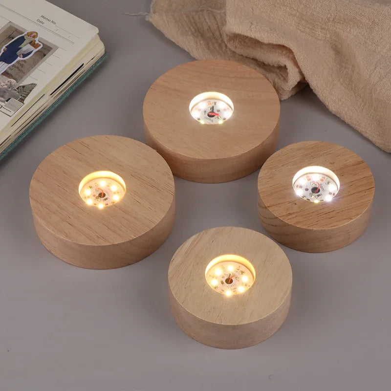 Battery Operated 8/10cm Round Wooden LED Light Dispaly Base Stand, Night Lamp Base, Crystal Glass Resin Art Ornaments