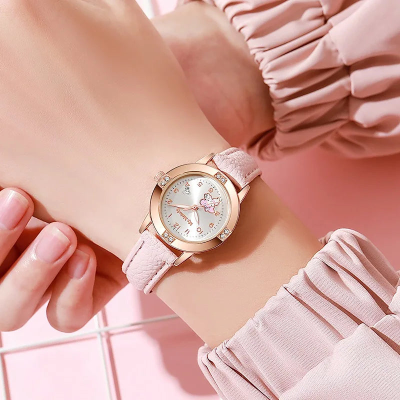 Sanrio Hello Kitty Children's Watch, Cinnamoroll Kuromi My Melody Cute Cartoon Rose Gold Wristwatch with Diamond, Children's Quartz Watch