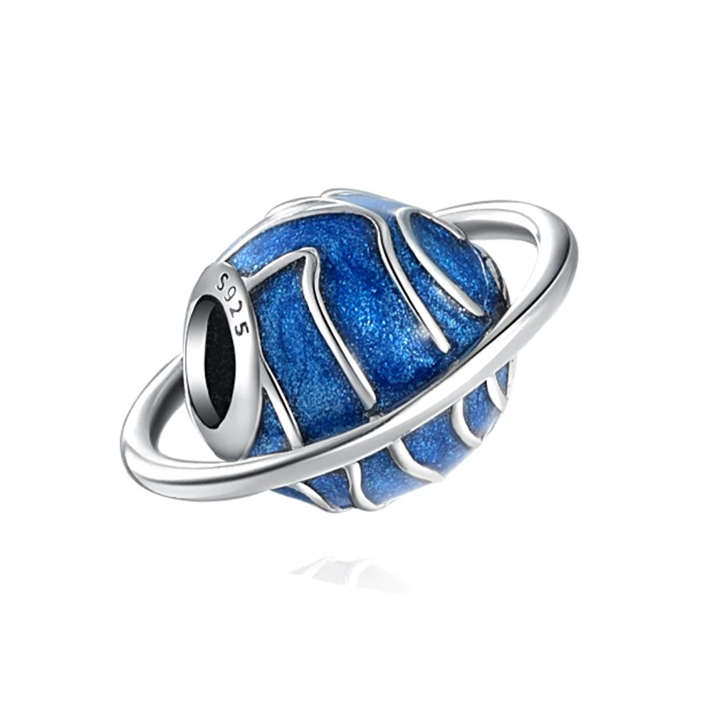 Nuevos abalorios de plata de ley 925 de la serie azul con diseño de luna, avión, espacio, astronauta, colgante para pulsera original, collar, regalo para mujer