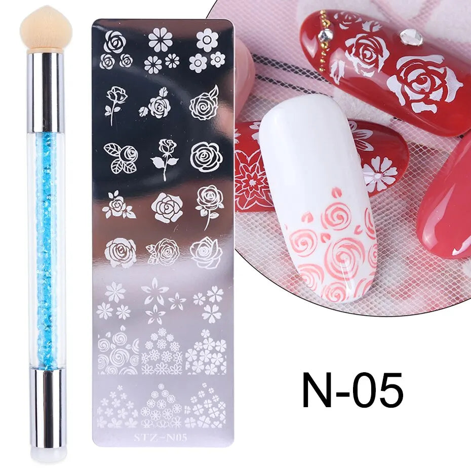 Nail Stamping Plates Set Silicone Stamper Brush Nail Art Stamp Polish Transfer Stencils Flower Geometry Template Tools Maniucre